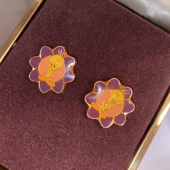 Tweety 90s Vintage Looney Tunes Gold Trim Purple Flower Earrings - Picture 4 of 6